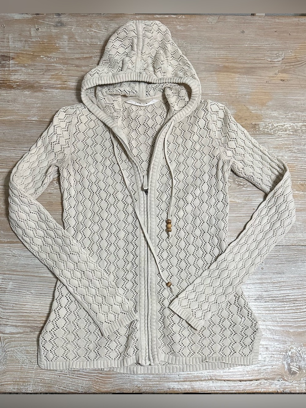 Athleta open-knit pointelle full-zip hoodie Sz S Cream